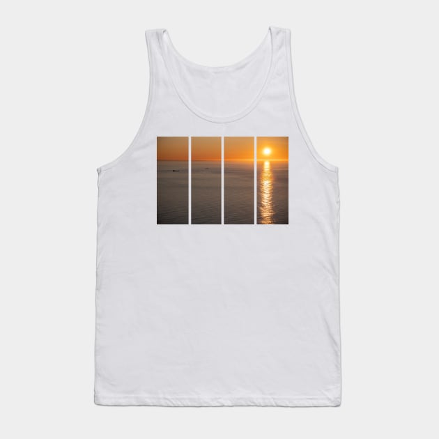 Wonderful landscapes in Norway. Nord-Norge. Beautiful scenery of a midnight sun sunset at Nordkapp (Cape North). Boat and globe on a cliff. Rippled sea and clear orange sky. Tank Top by fabbroni-art